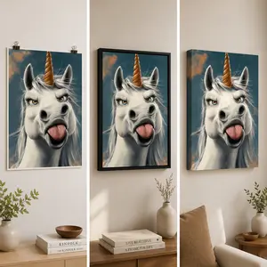 Whimsical Unicorn Canvas Wall Art – Funny Tongue-Out Fantasy Poster with Vibrant Blue Background for Bedroom, Living Room, Office, Nursery & Apartment Decor, Waterproof Animal Artwork for Cute Room Aesthetic and Unique Birthday or Holiday Gift Ideas