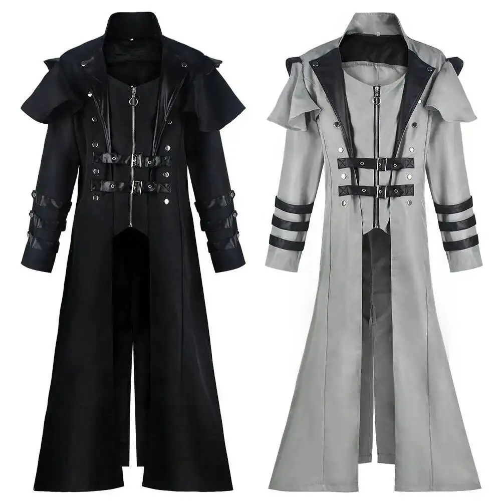 Men's Cotton Vintage Medieval Long Trench Coat - Gothic Double-Breasted Steampunk Long Sleeve Jacket, Victorian Cosplay Tailcoat, 4XL/5XL All Seasons Menswear for Children's Day Party Costume