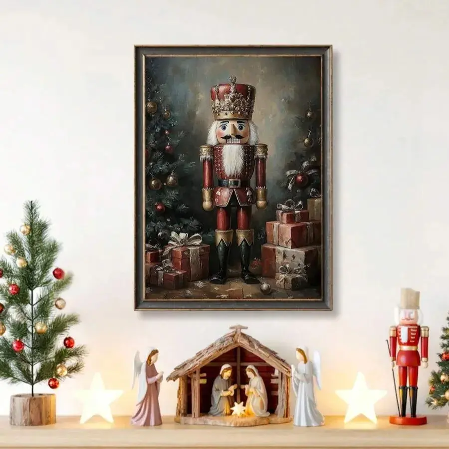 Vintage Wall Art Print, Christmas Soldier Nutcracker Canvas Artwork Poster, Home Decor for Bedroom, Living Room, Kitchen, Holiday Gift