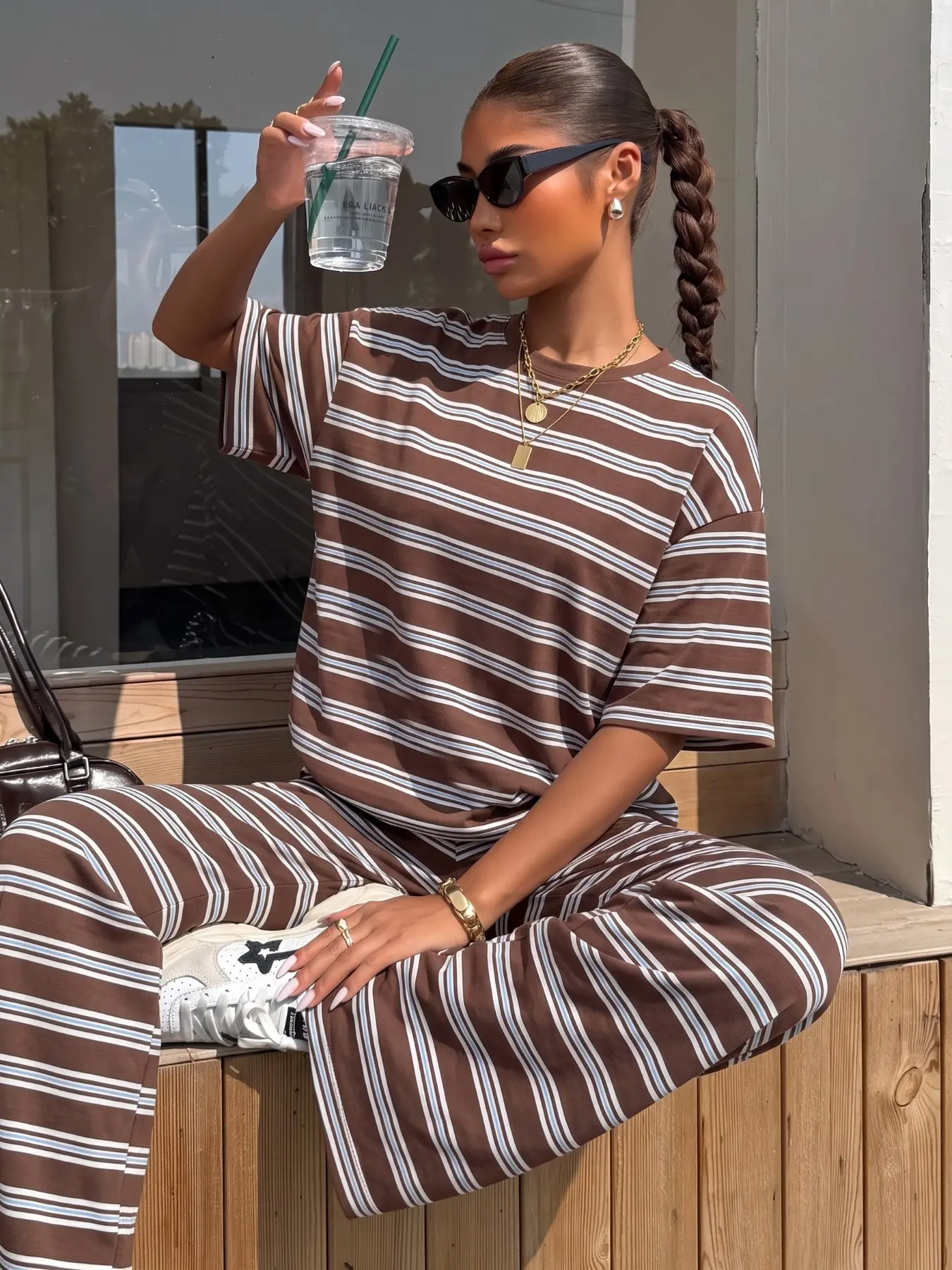 Women's Striped Two‑Piece Outfit, Crew Neck Short‑Sleeve T‑Shirt + Wide‑Leg Trousers, Loose Casual Set for Home & Outings, Daily and Vacation Wear