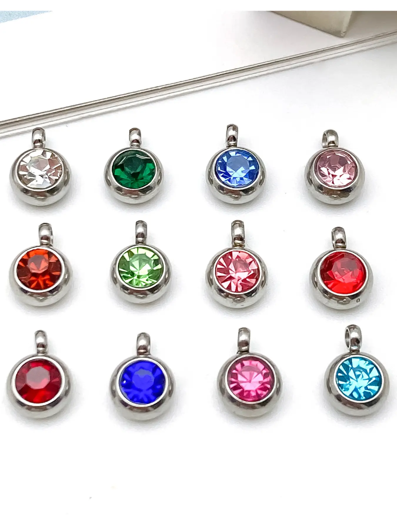 12pcs Crystal Birthstone Charms Stainless Steel Round Rhinestone Birthstone Bead Pendants 12 Colors Faceted Charms for DIY Necklace Bracelet Earring Craft Women