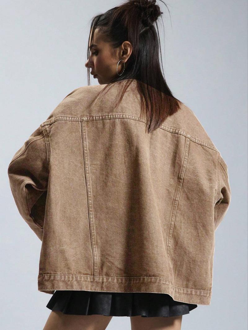 Women's Plain Button Front Drop Shoulder Denim Coat, Casual Long Sleeve Collared Pocket Outerwear for Daily Wear, Ladies Clothes for All Seasons, Clothing for Women Women's Plain Button Front Drop Shoulder Denim Coat, Casual Long Sleeve Collared Pocket Outerwear for Daily Wear, Ladies Clothes for All Seasons, Clothing for Women