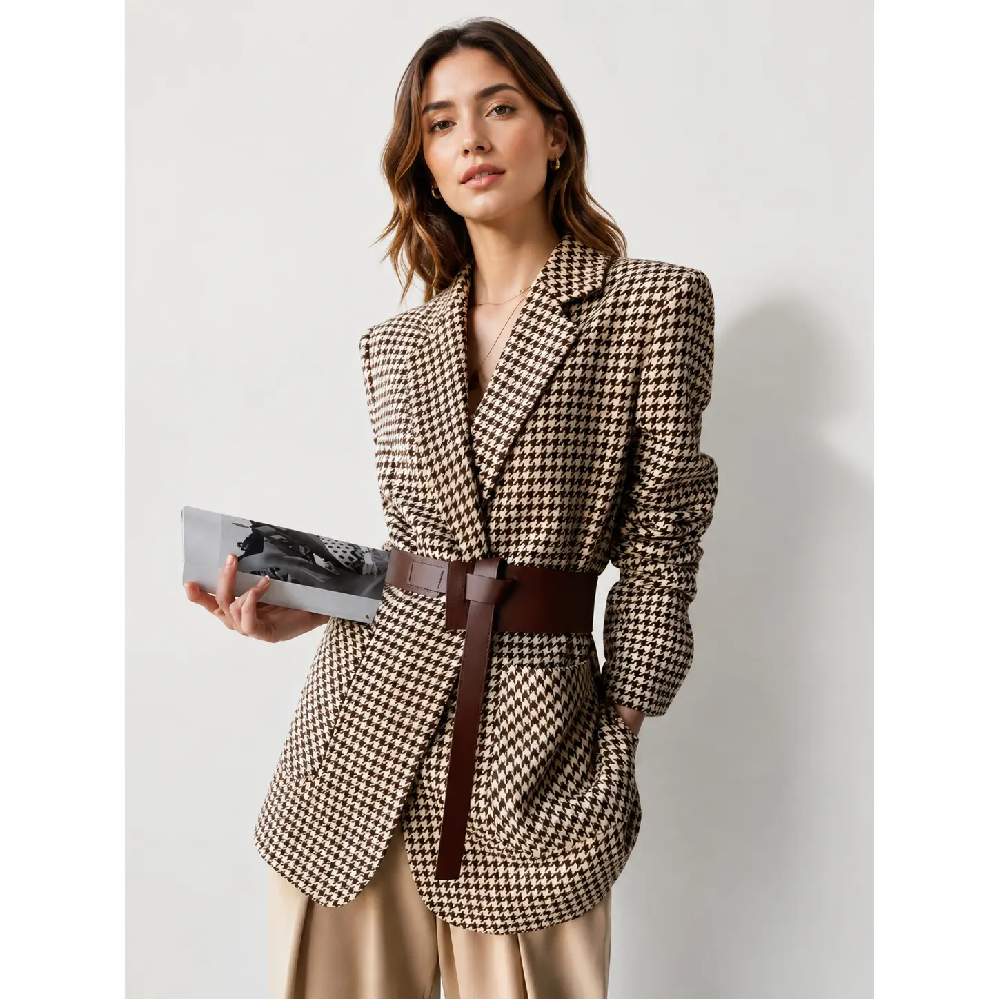 Women's Houndstooth Blazer, Brown Belted Split Hem Tailored Jacket #sohochic