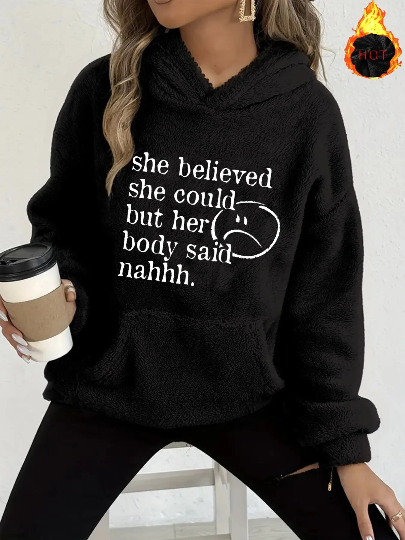 Flannel Hoodie for Women, Cartoon Print, Loose Fit, Fall & Winter, Warm Pullover, Casual Daily Wear, Cozy Kangaroo Pocket