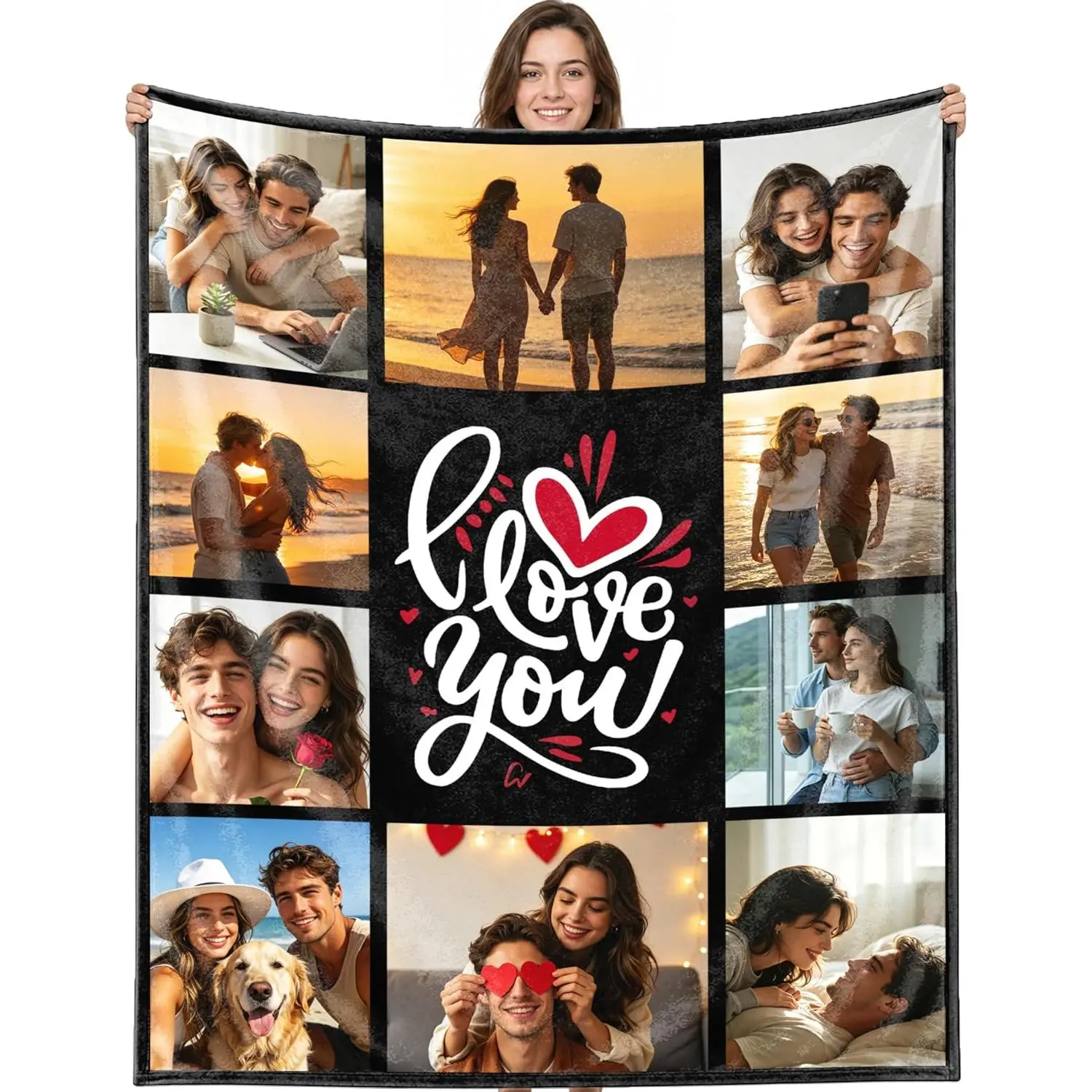 Custom Photo Blanket with Pictures and Text, Personalized Fleece Throw Blanket, Soft 280GSM Photo Blanket Gift for Dad Mom Couple and Fathers Day