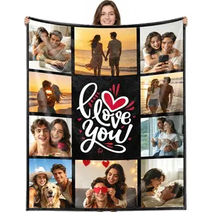 Custom I Love You 8 Photo Flannel Blanket, Personalized Heart Romantic Memory Soft Throw, Cozy Warm Gift for Her Him Girlfriend Boyfriend, Anniversary Valentine Home Decor for Couch Sofa Bed, AC Room Summer Blanket, Keepsake for Lovers