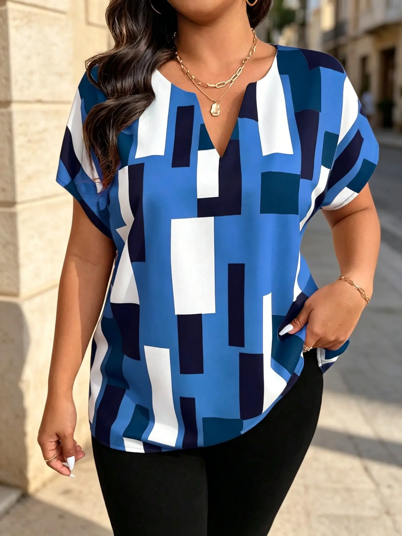 Women's Plus Size Summer Casual Geometric Print Shirt, Short Sleeve Blouse, Tops, Casual Daily Tops, Fashionable and Versatile, Perfect for Commuting and Traveling