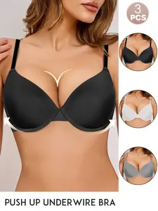 1/3PCSWomen's Smooth Seamless Basic Push-Up Underwire Bra with Adjustable Thin Straps & U-Shaped Back, Perfect for Daily Commute, Everyday Wear and Layering Under T-Shirts