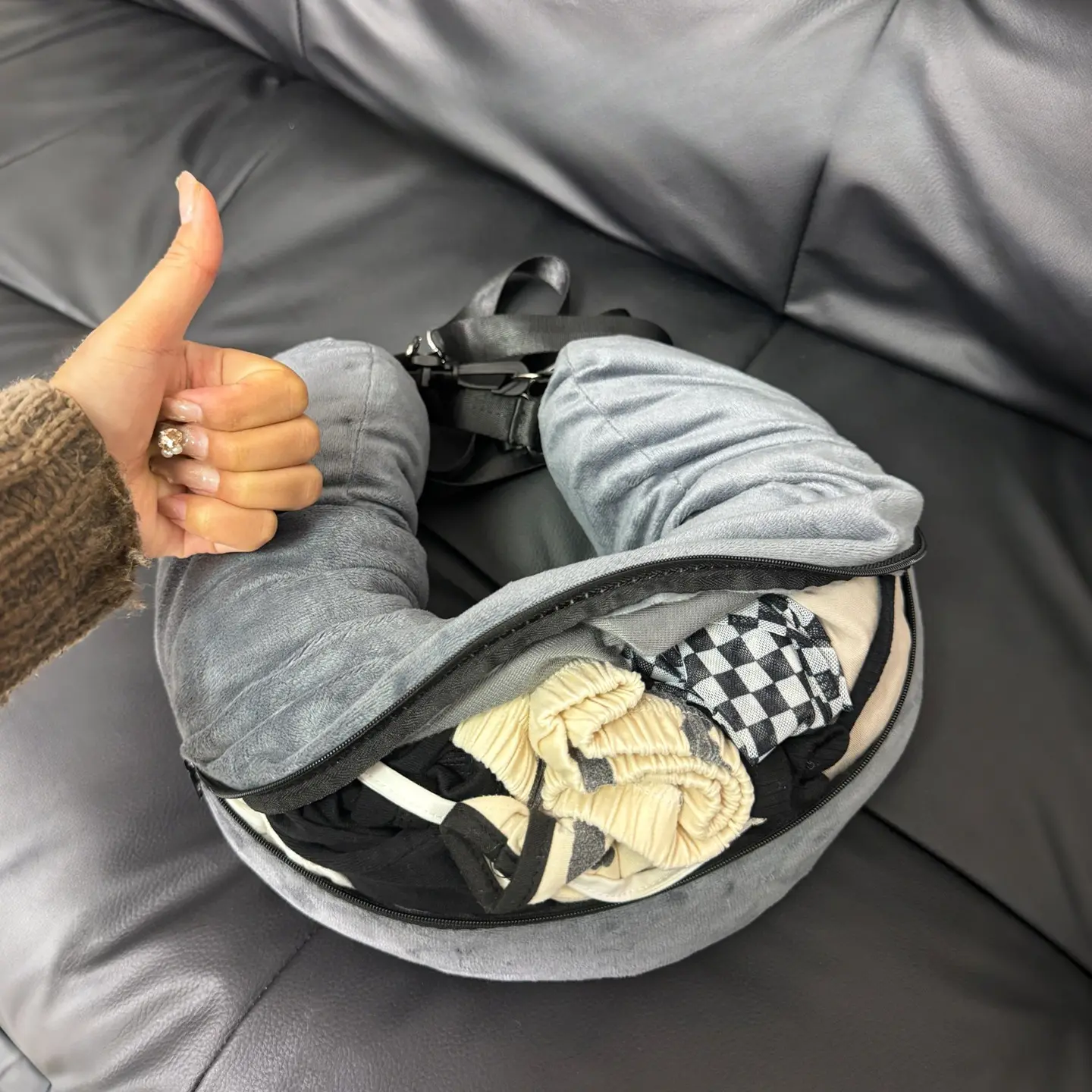 Convertible Travel U-Shaped Neck Pillow with Large Zipper Storage Portable Stuffable Clothes U Pillow Multifunctional Airplane Car Rest Cushion for Long Trips