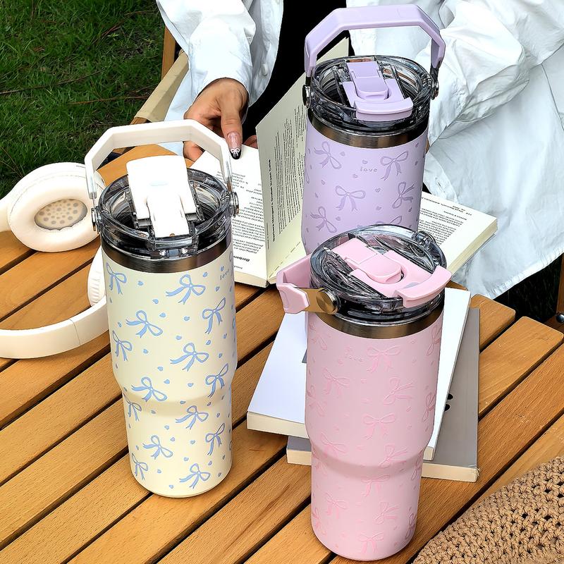 30oz Stainless Steel Insulated Cup with Bow Design, Double Layer Thermal Mug for Coffee Tea Outdoor Office Home Travel Gift, Vacuum Insulated Tumbler