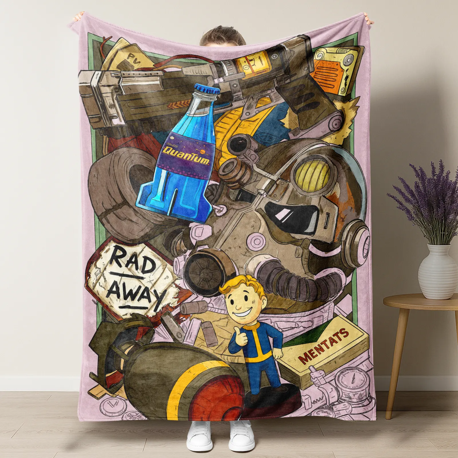 Fallout Game Merchandise Throw Blanket - Ultra Soft Cozy Flannel Fleece - Nuka-Cola Quantum & Vault Boy Design - Perfect Gamer Gift for Fans  - Home Bedroom Couch Decor