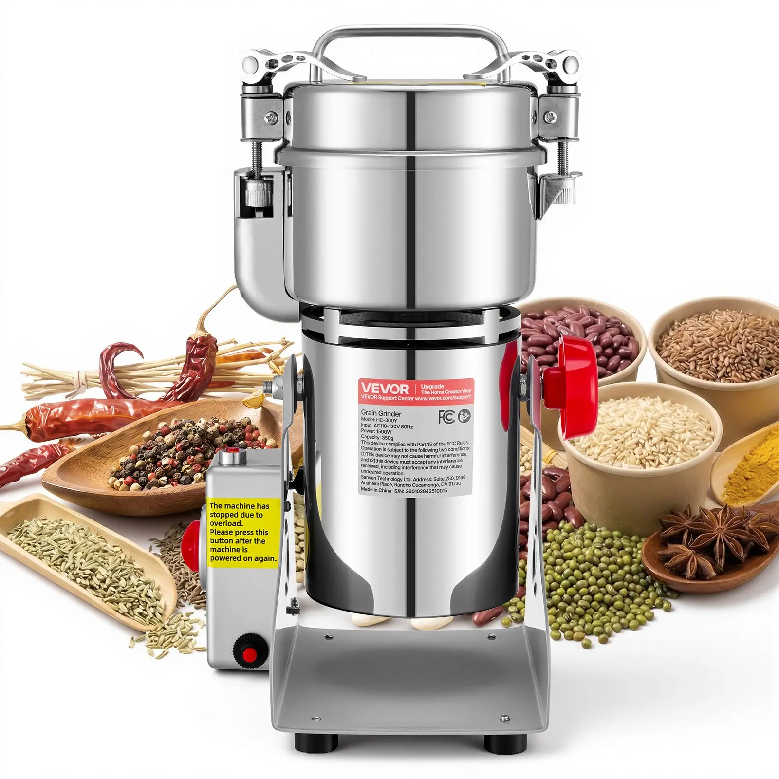 【Summerfinds】VEVOR 300g Electric Grain Mill Grinder, 1500W 28000RPM High Speed Spice Corn Dry Grinding Machine, Stainless Steel Pulverizer Powder Machine for Dried Grains Coffee Beans Spices Nuts (270° Swing Type