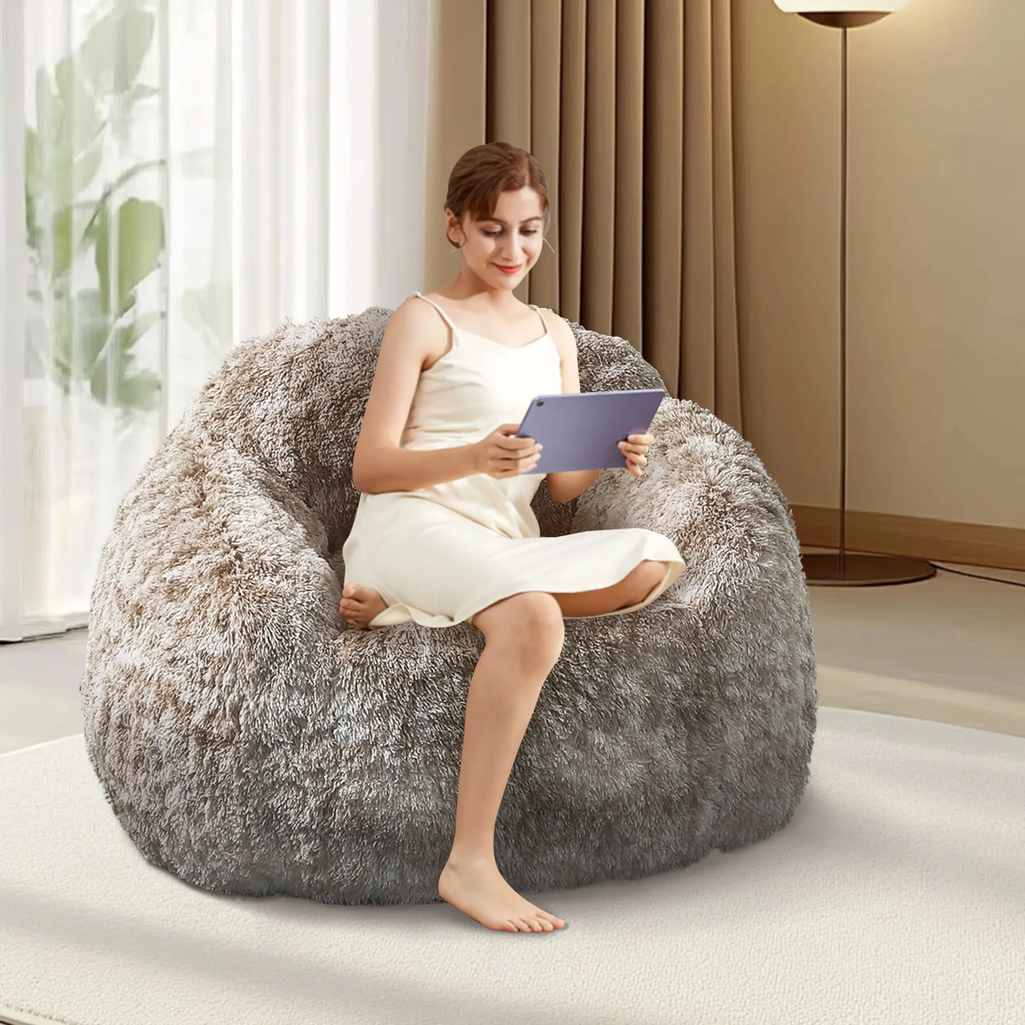 Soft Fluffy Faux Fur Bean Bag Sofa with High Density Sponge Filler & Removable Washable Cover, Bean Bag Chair for Adults – Comfy Lazy Chair for Bedroom, Living Room, Dorm