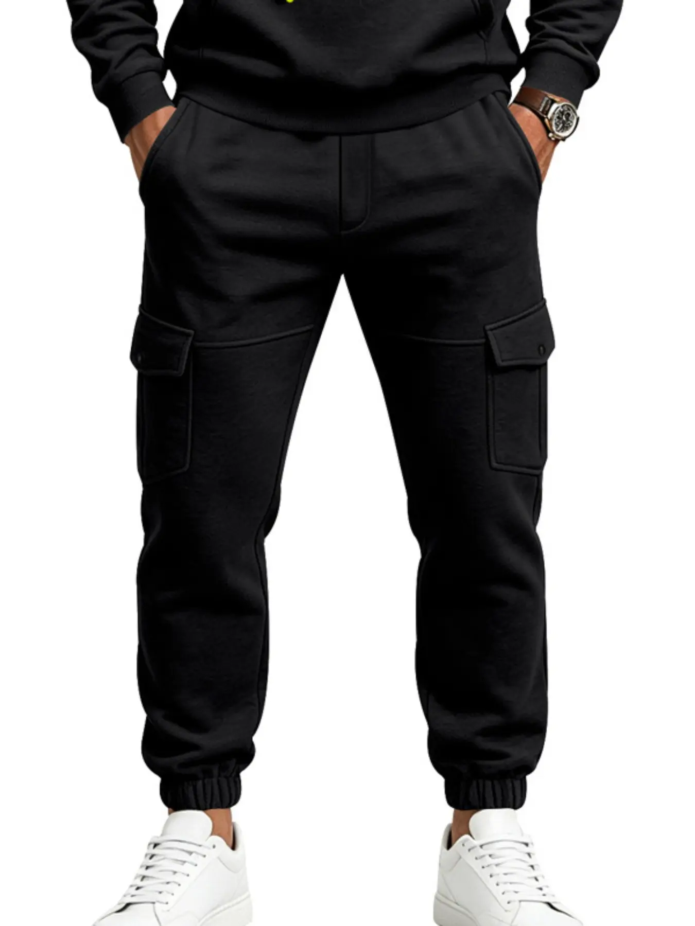 Men's Warm Fleece Lined Cargo Jogger Sweatpants, Elastic Drawstring Waist, Multi Pockets, Thick Cozy Tapered Cuffed Winter Jogger Pants