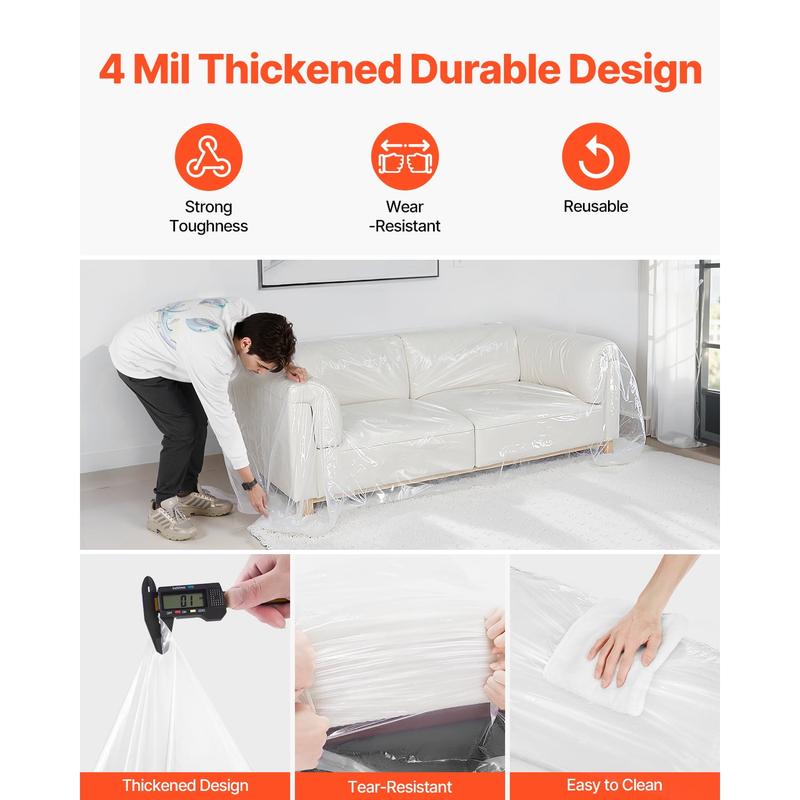 Transparent Heavy Duty Plastic Sofa Cover, 4 Mil LDPE Couch Protector, Waterproof Dust & Scratch Resistant Furniture Bag for Moving, Storage, Renovation, 92 x 62 x 42 Inches
