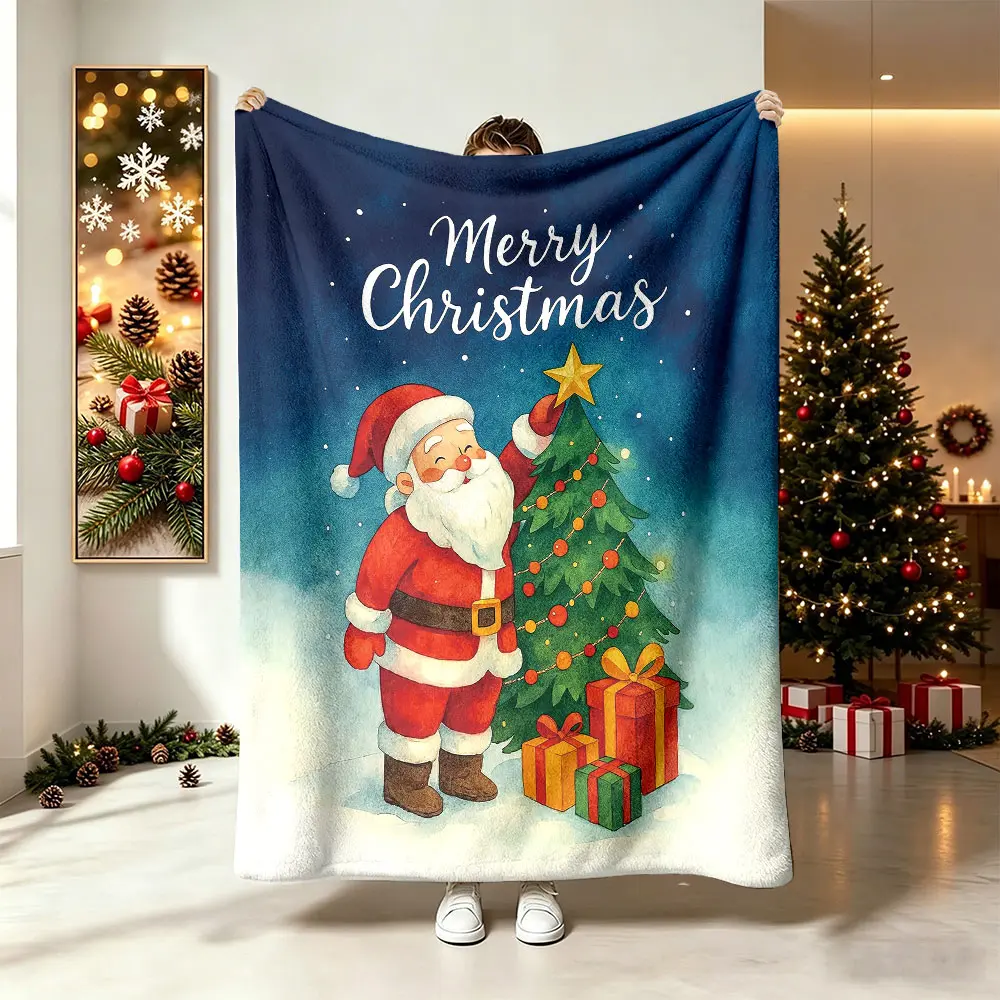 1‑Piece Soft Comfortable Digital‑Printed Flannel Blanket,Santa Claus & Christmas Tree Motifs,"Merry Christmas" Slogan,Suitable For Home,Office,Camping,Sofa,Bed,Perfect Christmas Gift