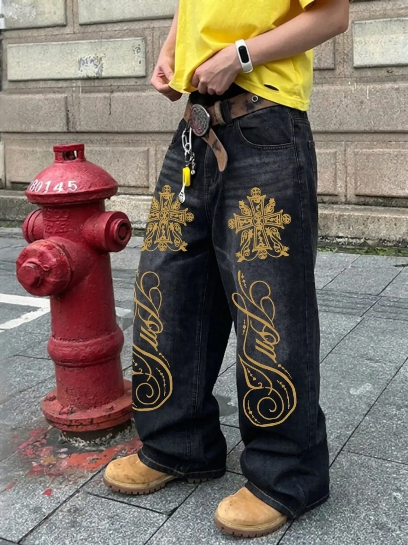 American Gothic Cross Embroidered Dad Jeans, Vintage Distressed Gold Print High Waist Straight Leg Denim Jeans, Retro Style