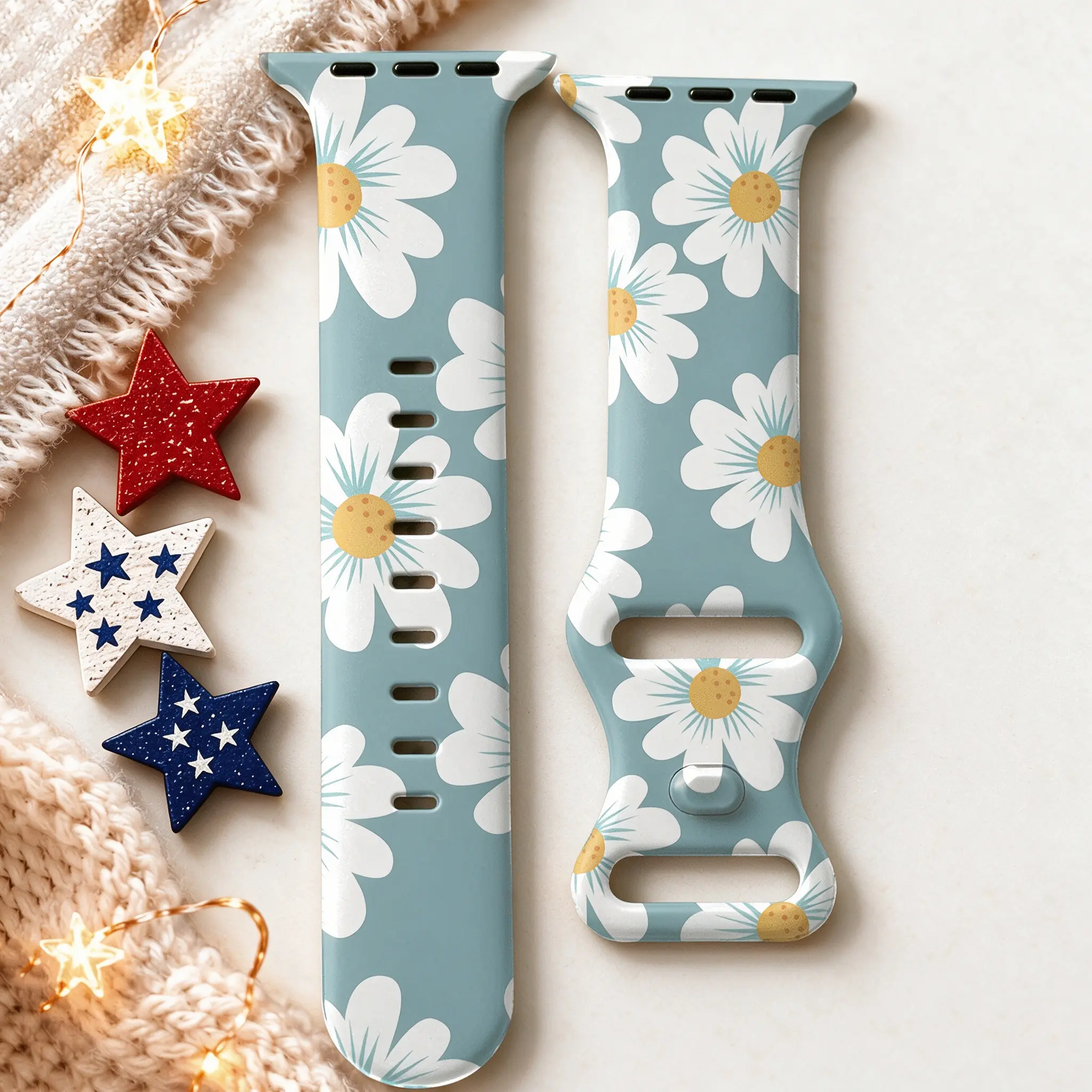 Waterproof Wearable Dusty Blue Large White Daisy Print Silicone Bag Strap, Minimalist Cute Flower Replacement Accessory, Soft Sporty Athletic Daily Aesthetic Luggage & Bag Accessory, Water Proof, Accessories