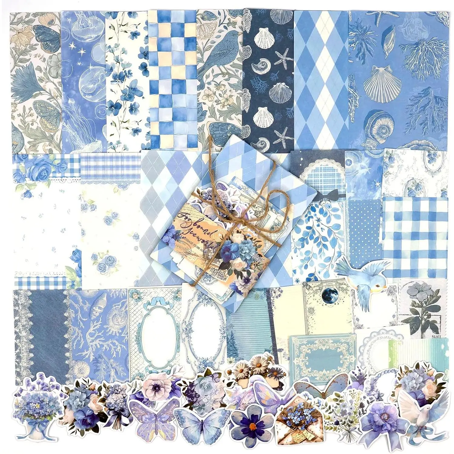 Scrapbook Supplies Kit – 100 count  Cottagecore Floral Scrapbook Paper & Stickers, 4 Sizes Pastoral Scrapbooking Supplies for Journaling, Card Making & DIY Gifts (Blue)