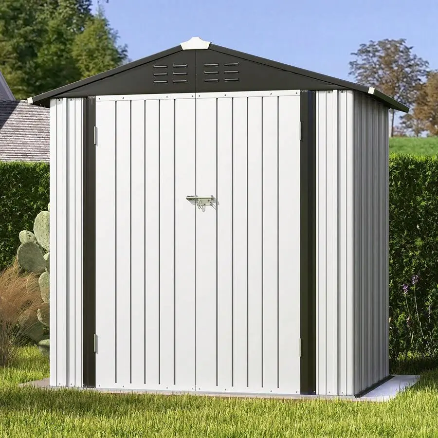 Flamaker 6x4 FT Galvanized Steel Outdoor Storage Shed - Double Lockable Doors, Sloping Roof, Heavy-Duty Tool Shed, Easy Installation, Self-Built Base, for Backyard, Patio