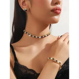 Women's Chic Crystal Jewelry Set in Red, White & Black - 3-Piece Zinc Alloy Necklace, Earrings & Bracelet for Weddings & Parties, Chic Fashion Accessory Sets