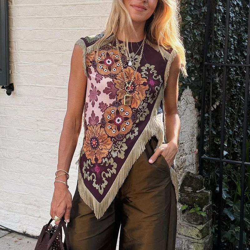 Ethnic Vintage Floral Print Woman Clothes Elegant O Neck Tassel Cross Split Irregular Top Summer Sleeveless Zipper Blouse Shirts