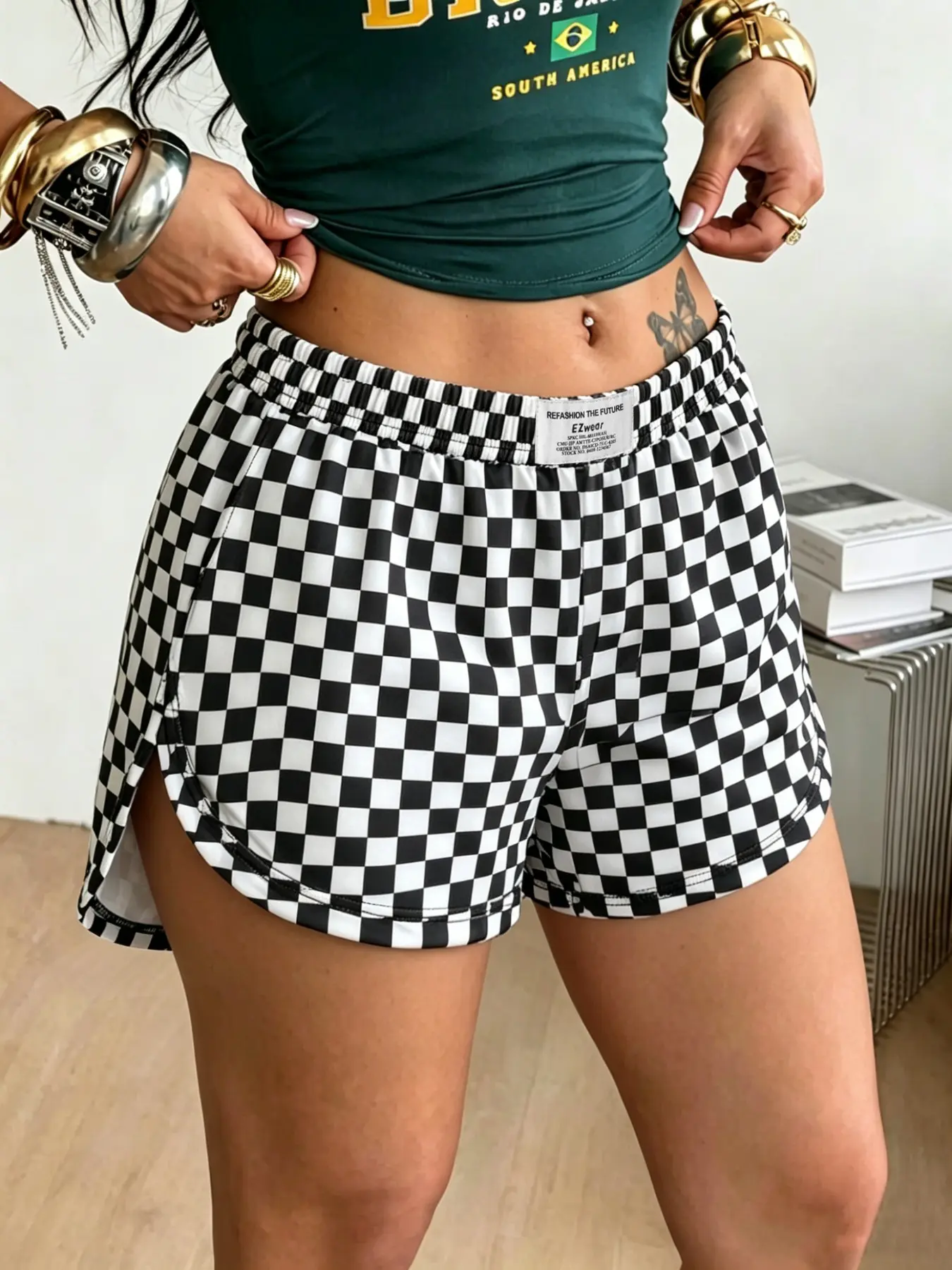 Women's Y2K Checkerboard Shorts High Waist Elastic Waist Casual Loose Running Shorts