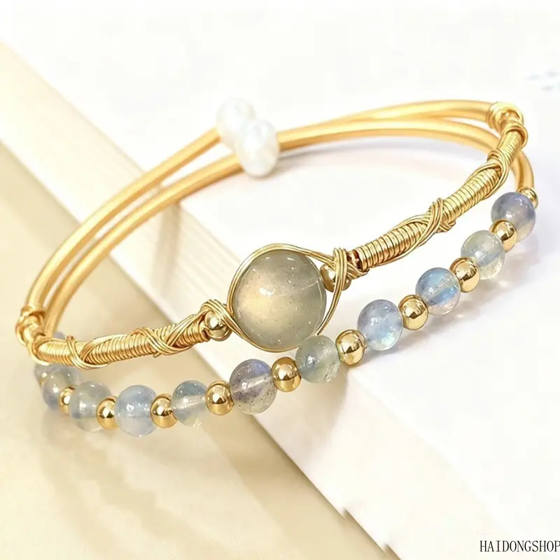 Quiet Luxury Witchy Boho Viral Hand Wire Wrapped Gold Filled Bracelet For Women, Natural Labradorite Gray Moonstone Single Double Layer Bead Bangle, Healing Crystal Accessory For Daily Meditation Dating Styling