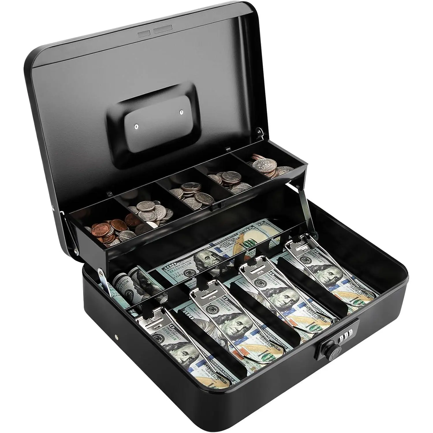 Box with Key Lock &  Auto-Pop  Tray – Secure Steel  Box with 4 Upgraded Finger-Safe Bill Clips,  Smooth Scratch-Resistant Coating, 11.8"L x 9.5"W x 3.5"H, KL