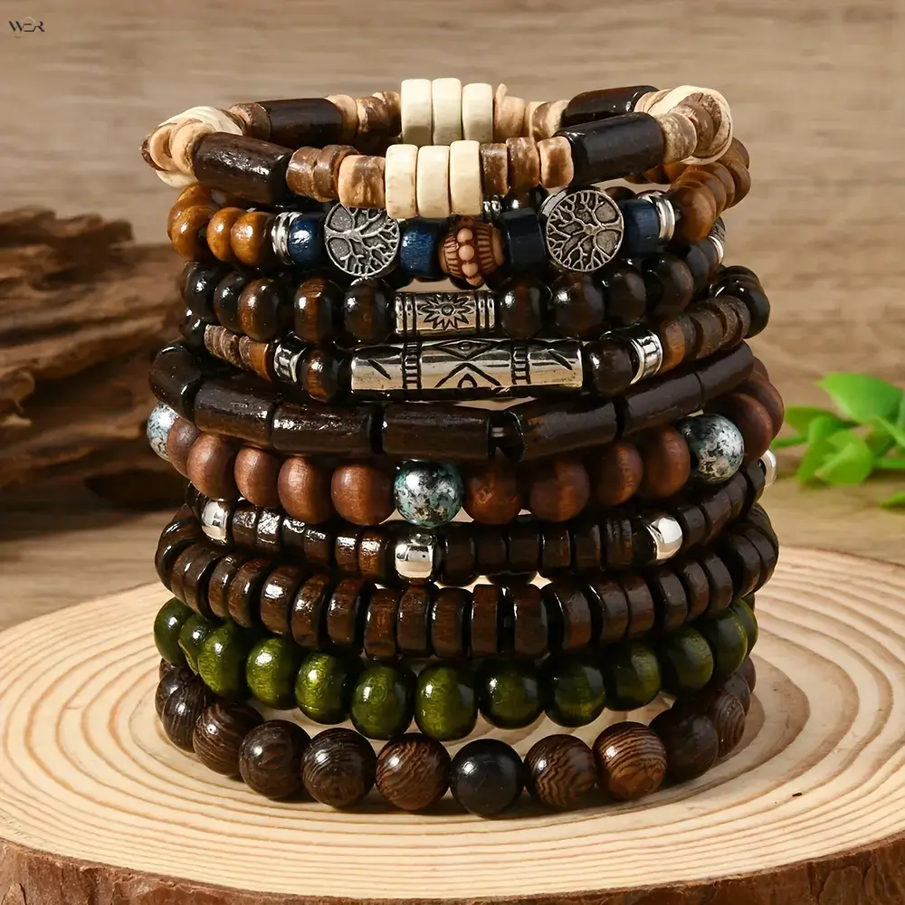 Vintage Round Bead Wooden Stretch Bracelet Set - 10 Pcs/1 Set, 5.5cm Inner Diameter, 42.7g Total Weight, Mixed Natural Wood & Alloy Accents, Boho Mixed Styles for Casual Wear & Layered Stack Wrist Jewelry, Round Beads