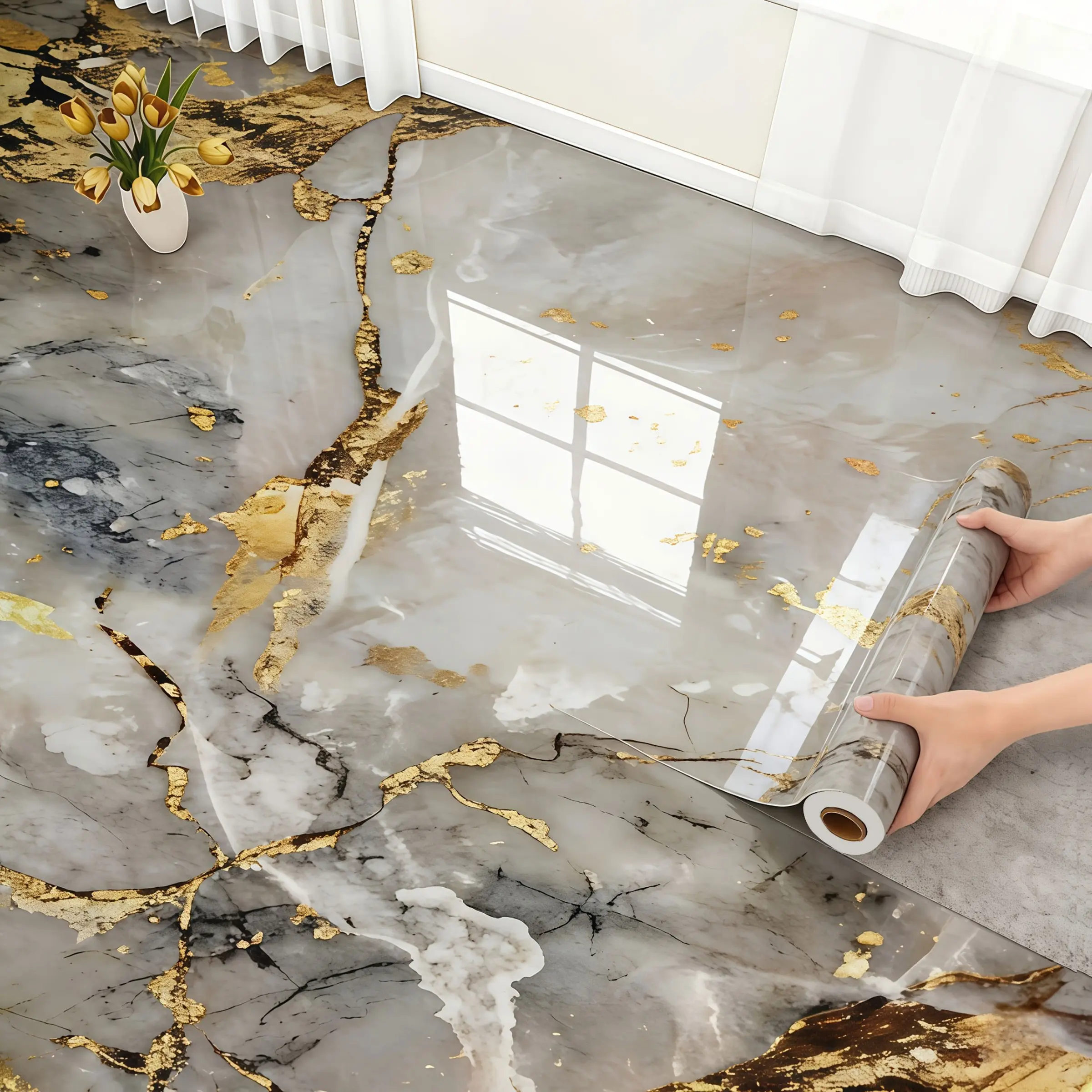 Luxury Marble Pattern Oil-Resistant Self-Adhesive Waterproof High-Temperature Kitchen Stove Cabinet Wall Renewal Protection Film Waterproof Wallpaper Film Self Stick Wallpaper