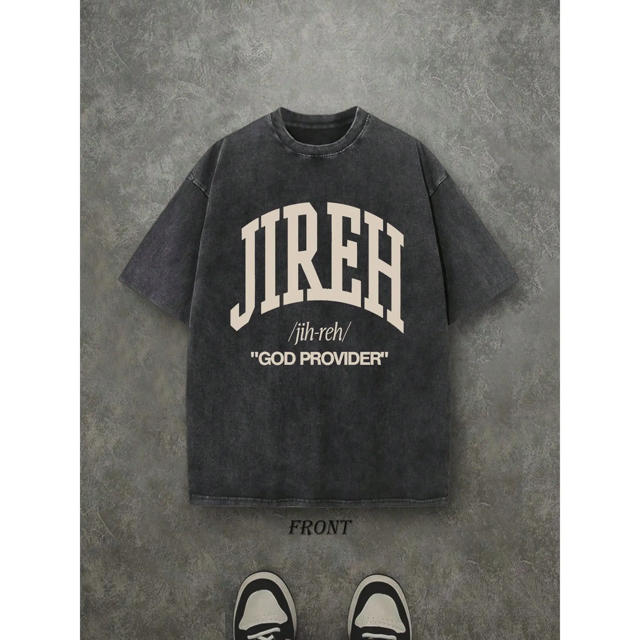 Men's Soft Pure Cotton T-Shirt - Unisex Relaxed Fit Short-Sleeve Round Neck Washed Top with "JIREH" Letter Graphic, Stretch Fabric, Casual Preppy Streetwear for All Seasons