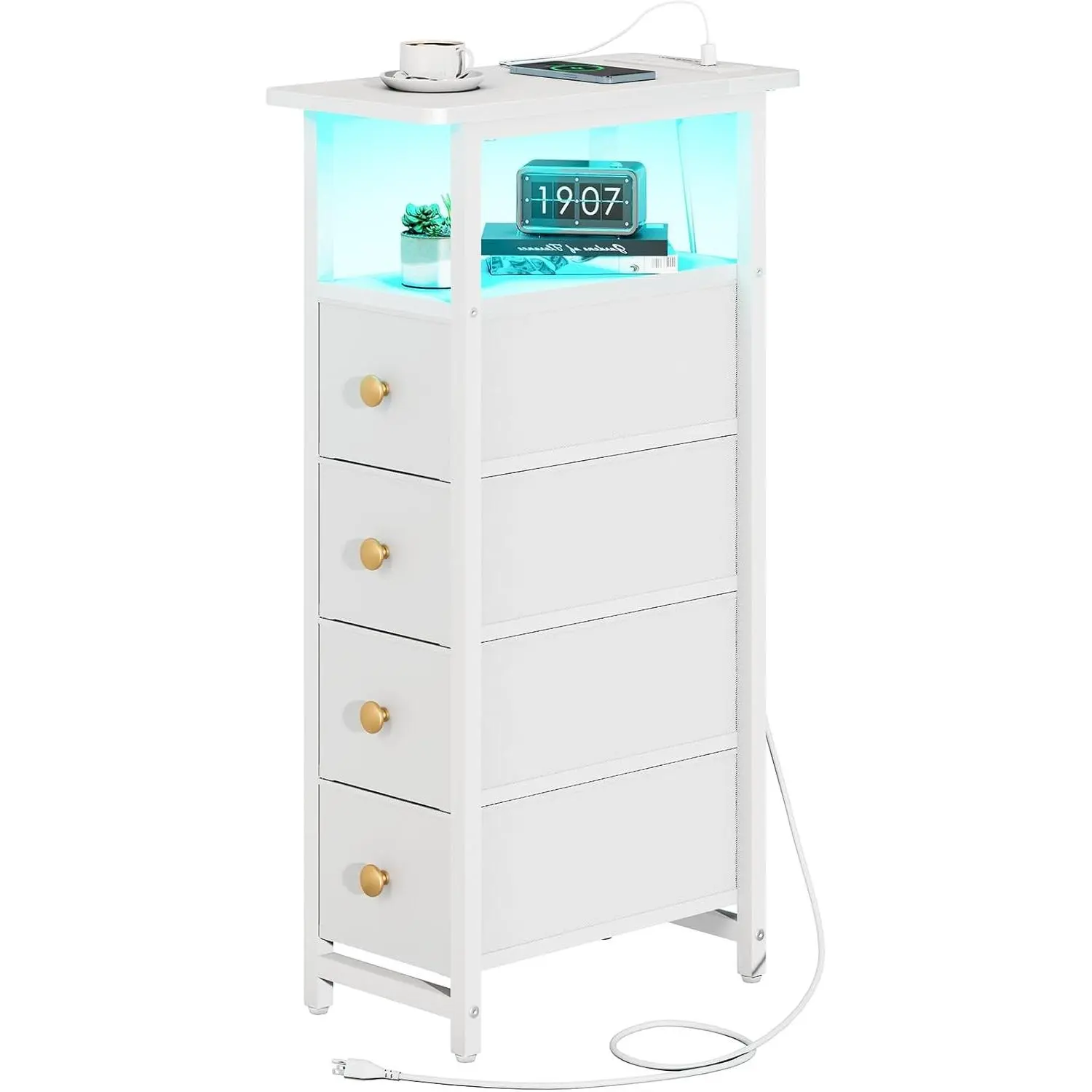 LED Narrow Nightstand with Charging Station - Slim Dresser for Bedroom Narrow Side Table Storage Cabinet, Small Dressers Chest of Drawers, Tall Night Stand End Table for Small Spaces, White