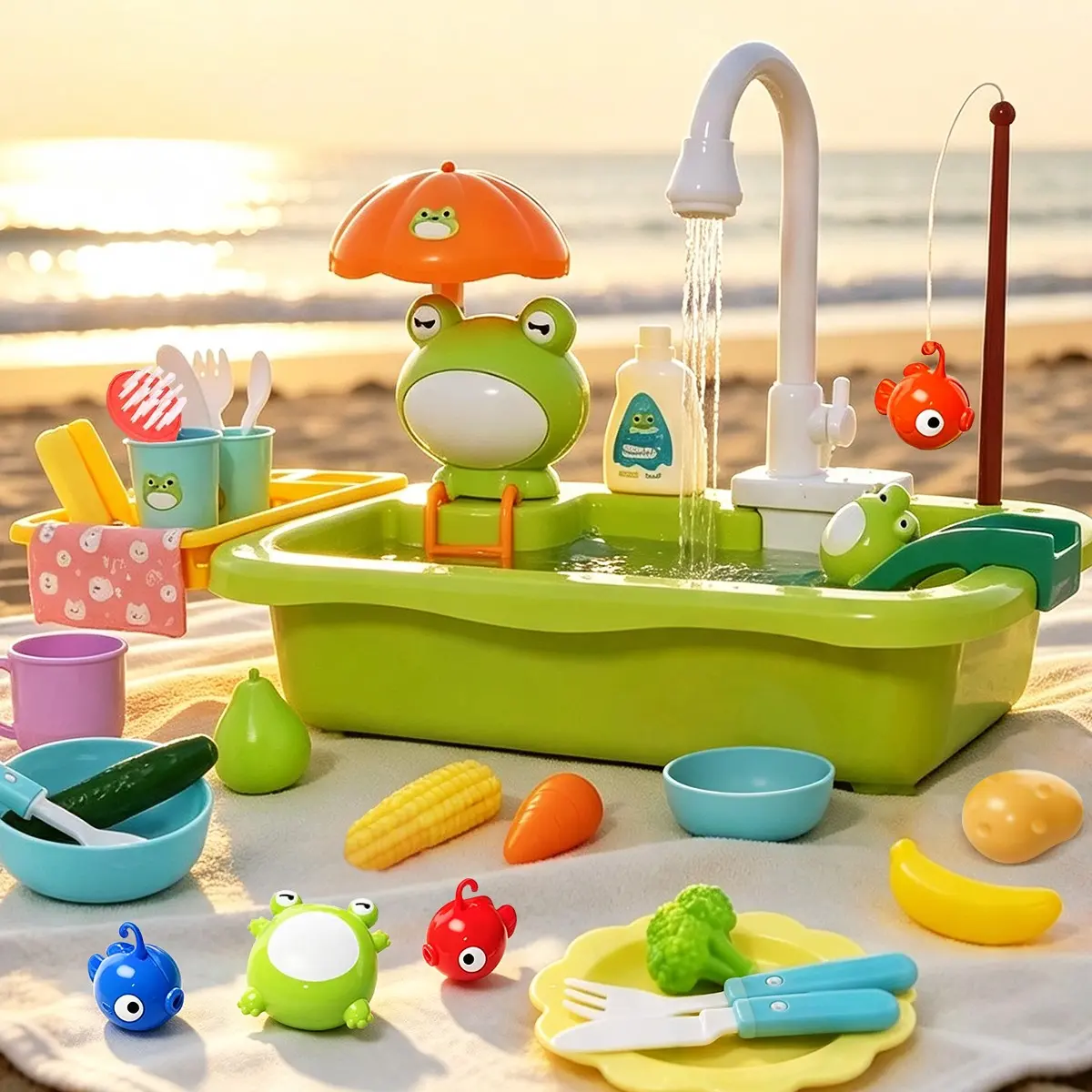1 Set of Toy Sink with Running Water, Kitchen Sink Toy with Functional Faucet, Play Food and Kitchen Accessories Included, Pretend Play Toy