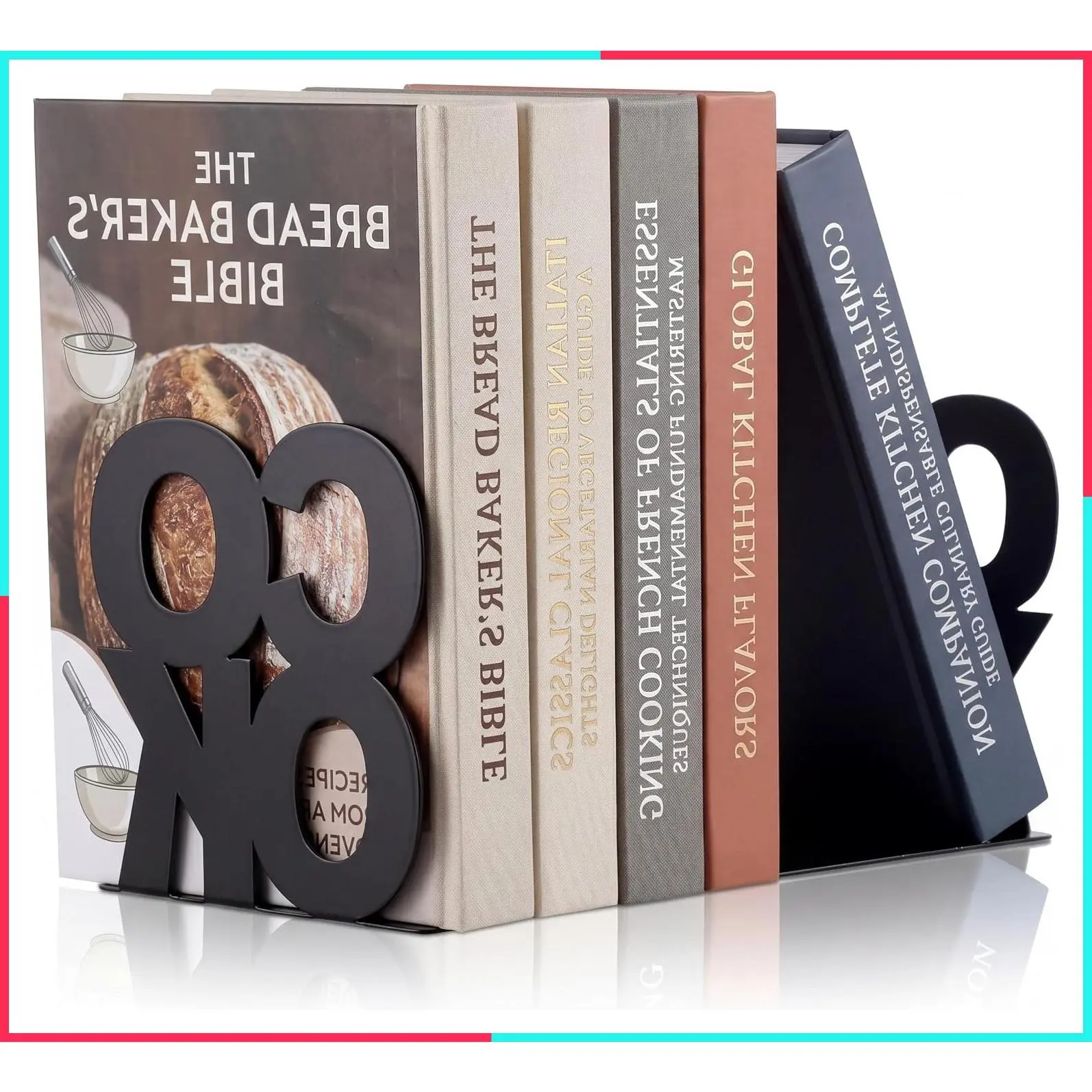 Decorative Metal Cookbook Bookends for Kitchen Desk Shelf Holder with Distinctive Design, Black
