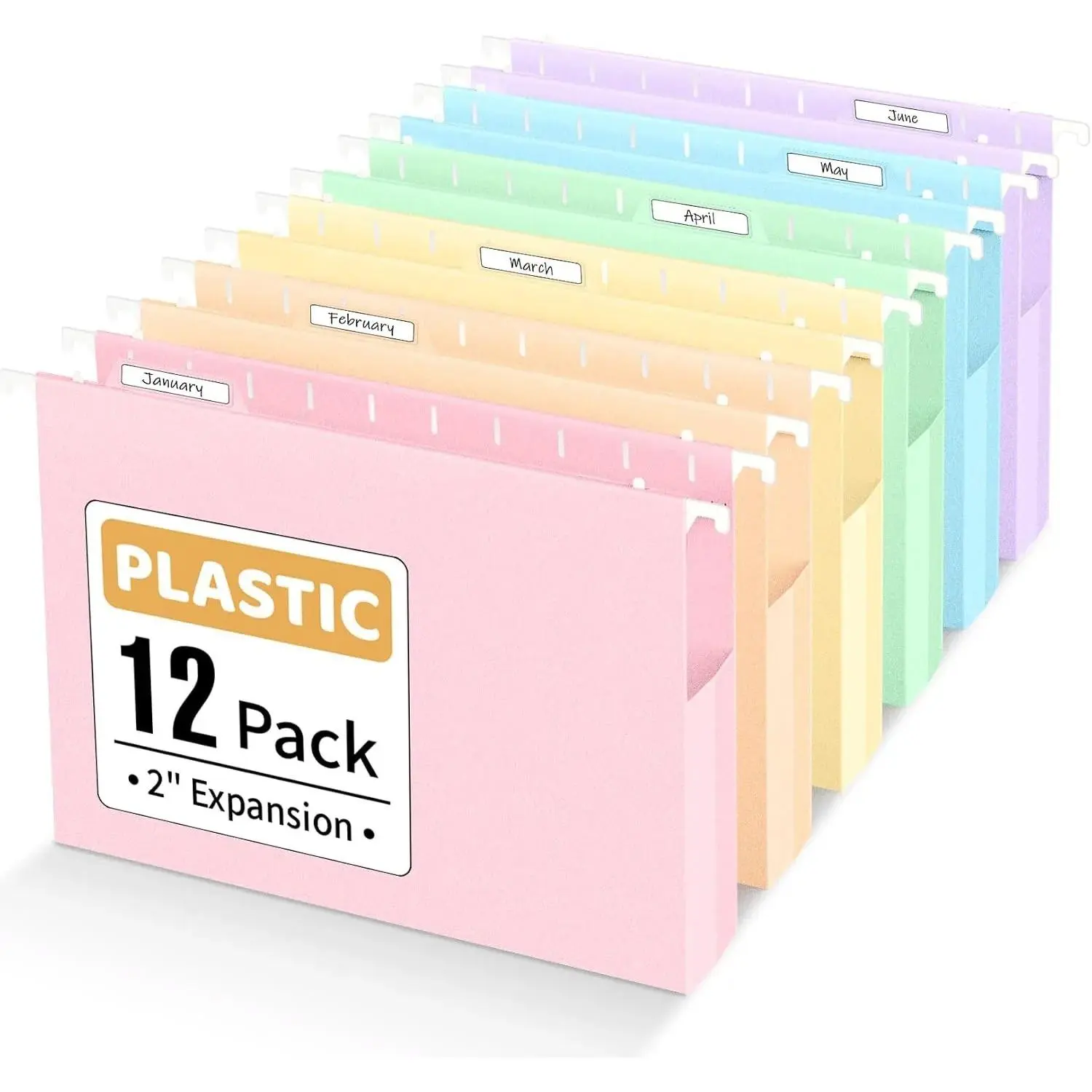 Extra Capacity Plastic Hanging File Folders, File Organizer | 12 Counts Expanding File Folders Letter Size with 2" Expansion, 1/6-Cut Tabs for File Cabinet, Drawer, Pastels Colors