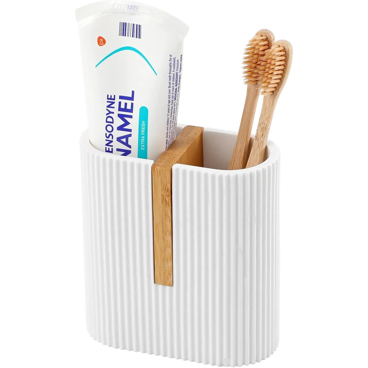 Matte White Marble Electric Toothbrush Holder, Bamboo Toothpaste & Toothbrush Storage Organizer for Bathroom Sink Countertop, Set