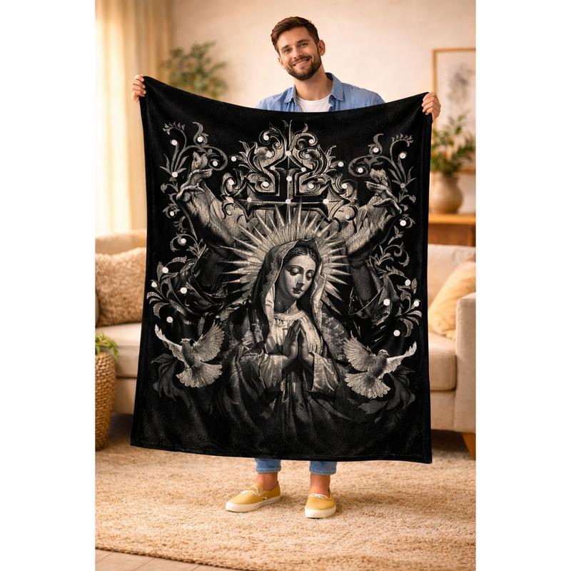 Virgin Mary Gothic Flannel Blanket – Black & White Soft Fleece Throw, Lightweight & Warm, Machine Washable – Gift for Her, Him, Family – Perfect for Sofa, Bed, Camping, Halloween, Christmas