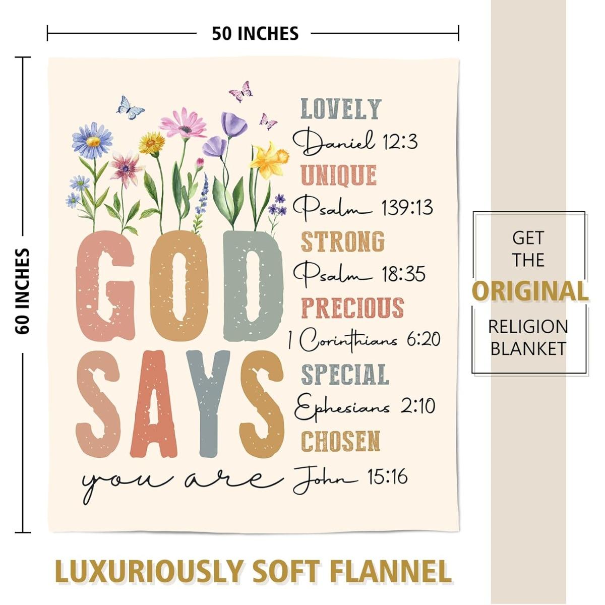 Christian God Says Scripture Floral Blanket | Inspirational Religious Gift | Perfect for Birthday Christmas Baptism Confirmation | Cozy Soft Throw for Mom Sister Friend Her