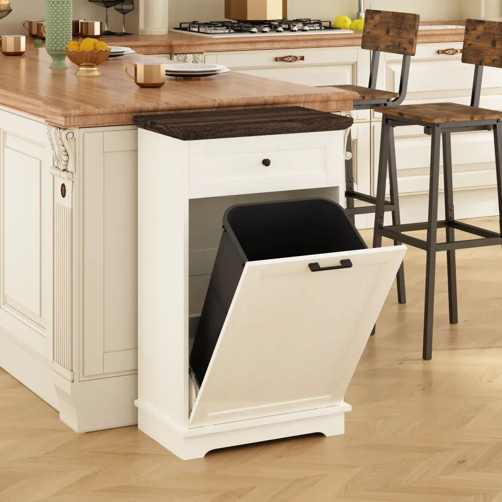 Antique White Freestanding Tilt-Out Trash Cabinet - 10-13 Gal Wood Garbage & Recycling Bin Holder with Drawer, Pet-Proof Storage for Kitchen & Living Room (Trash Can Not Included)
