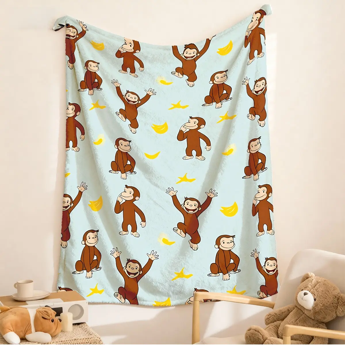 Curious George Monkey Banana Theme Flannel Printed Blanket, Soft Lightweight Warm, Cozy Cartoon Blanket, Perfect for Bed Sofa Office Camping Travel, Warm Nap Blanket
