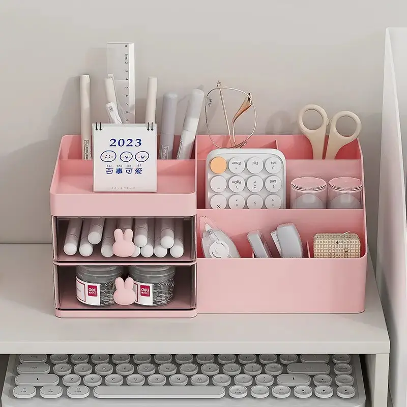 Cartoon Rabbit Desktop Storage Box, Abs Plastic Multi-Layer Organizer, Desk Accessories, Transparent Drawer for Stationery and Cosmetics