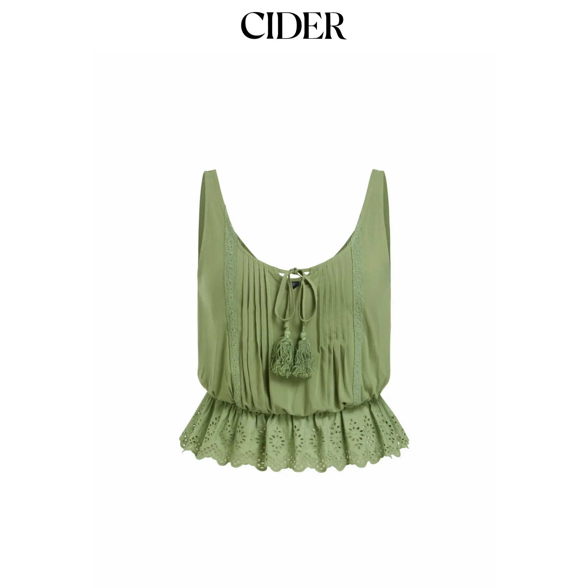 Cider Eyelet Scoop Neck Tie Front Tassel Ruffle Hem Cami Blouse