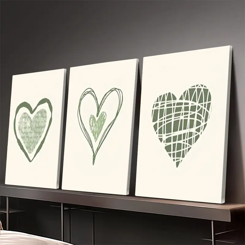 Framed, 3 small-sized canvas paintings, blue-green abstract love decorative prints, oil paintings, home wall art, suitable for bedroom and living room