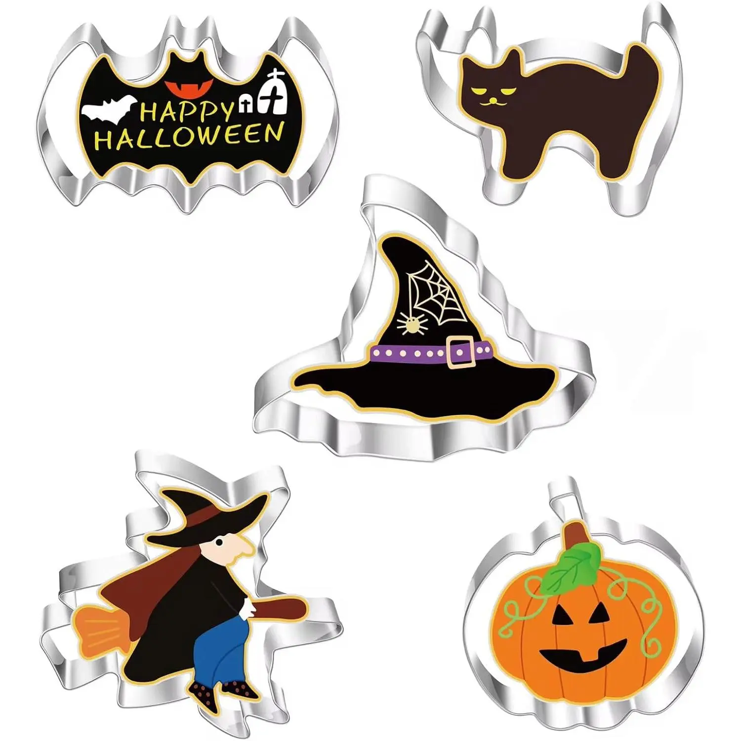 Halloween Cookie Cutters Baking Set - 5 count Stainless Steel Cookie Cutters | Pumpkins, Bats, Ghosts, Witches' Hats | Family-Friendly, Easy Storage, Multi-Use Halloween Kitchen Tools