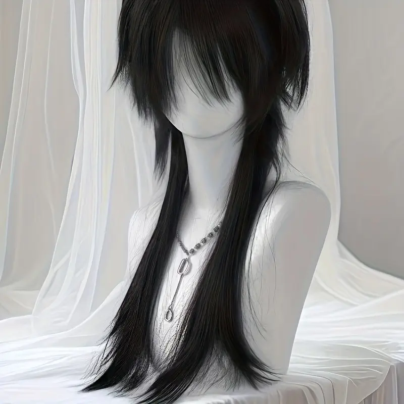 Youthful Black Jellyfish Short Straight Hair |   Japanese Versatile Full Head Wig, about 19.69 inches, bright colors, perfect for cosplay, daily wear, Halloween costume parties, and role-playing festivals |   unisex adult version with buckle mesh