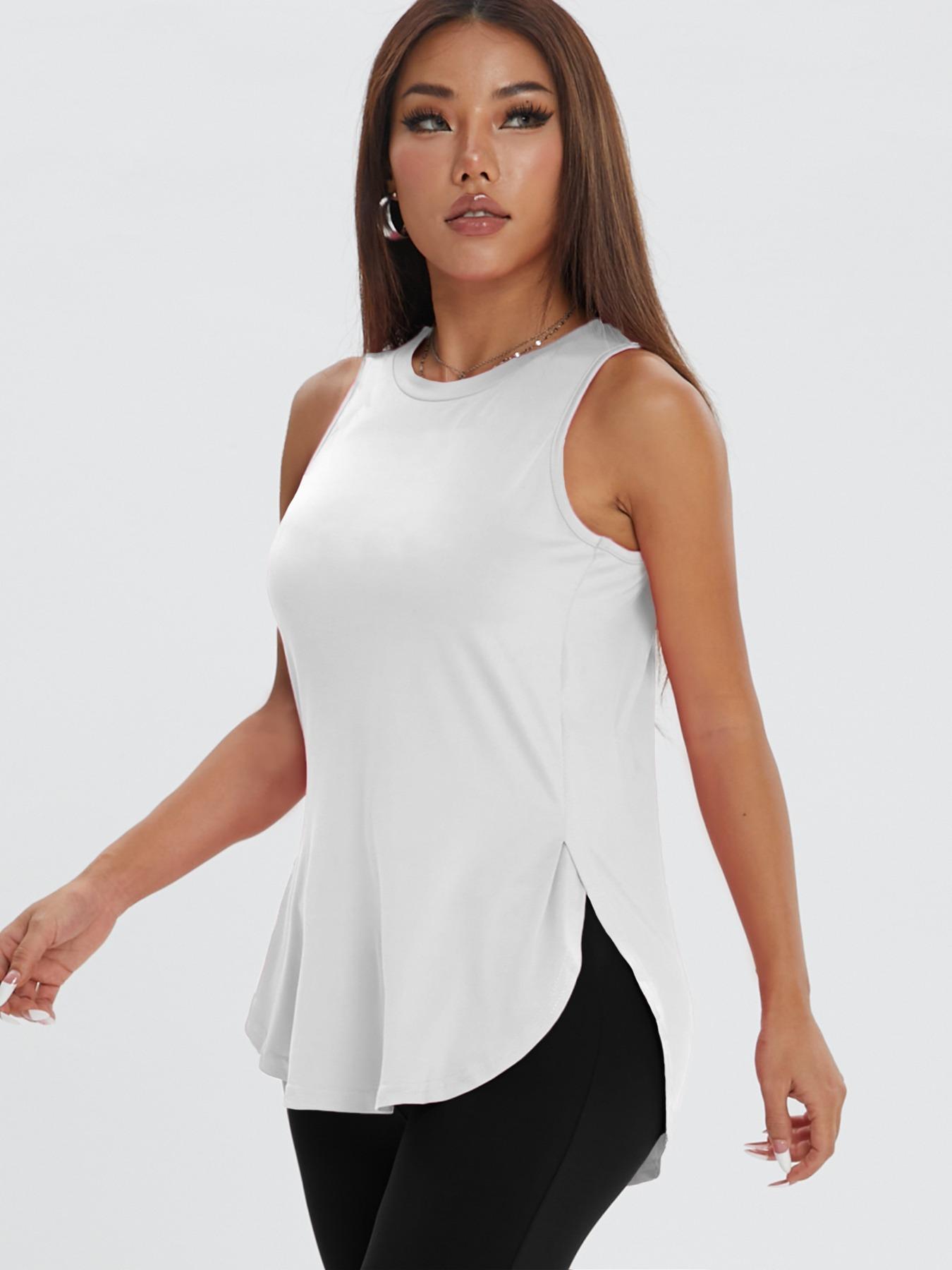 Women's Solid Color Asymmetrical Hem Sports Tank Top, Casual Curved Hem Sleeveless Round Neck Sports Top for Yoga Gym Workout Running, Ladies Sportswear for All Seasons