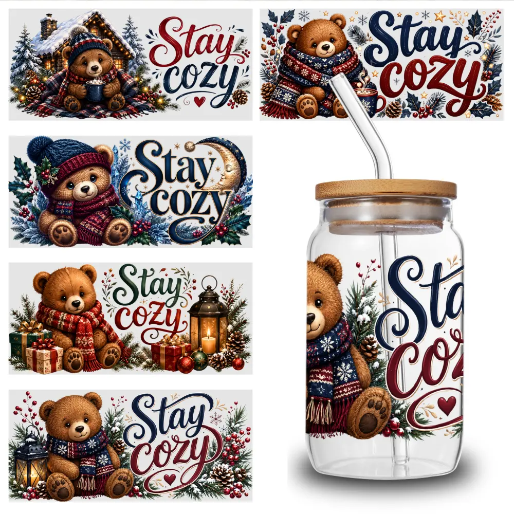 5 Sheets Stay Cozy UV DTF Stickers UV DTF Cup Wraps Stickers - for 16 Ounce Libbey Cups - Animal Crystal Label - Waterproof And Scratch Resistant Sticker - DIY Sticker for Glass Cups And Bottles