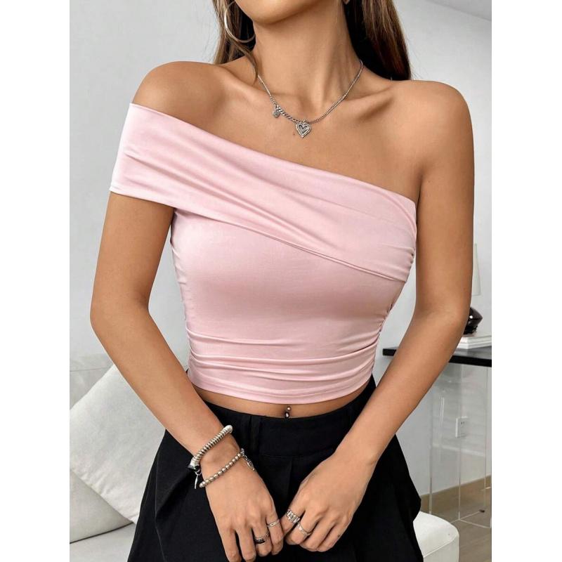 Sexy Y2K Ruched Crop Tee Shirt for Women, Solid Color Oblique Off Shoulder Short Sleeve Top, 2026 Summer Fashion Essential, Perfect for Club Party, Travel & Daily Casual Outfit