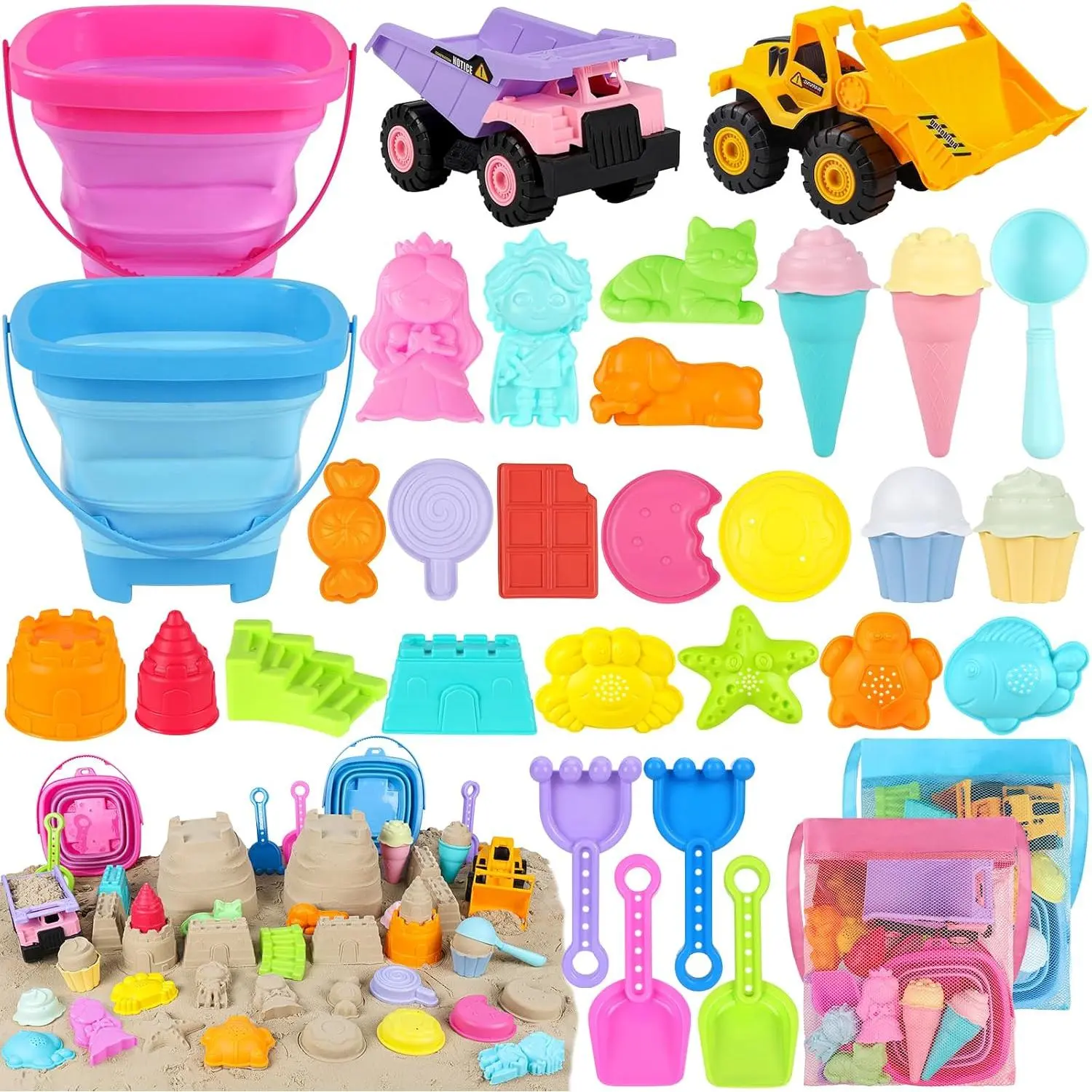 Beach Toys, 36 PCS Sand Toys with Construction Vehicles, Collapsible Bucket, Princess & Prince and Ice Cream Toys, Sand Castle Building Kit, Beach Shovel, Beach Games for Kids, Boys and Girlsfidget toys